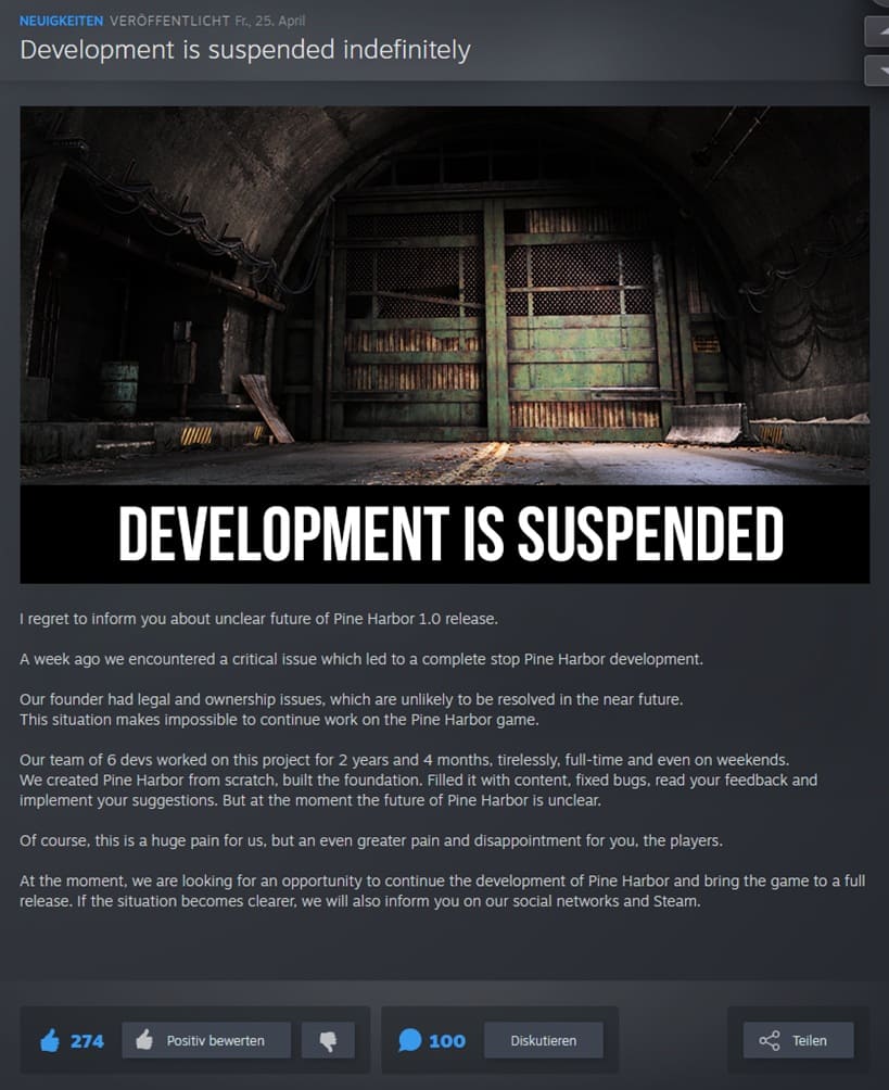 Bild, das die Mitteilung der Verantwortlichen von Pine Harbor über Steam zeigt, dass die Entwicklung sofort gestoppt wird