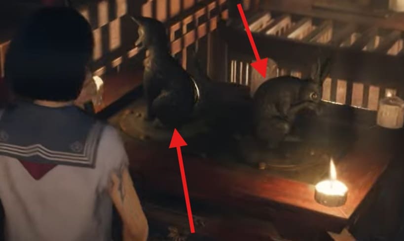 Richtige Ausrichtung der Fuchs und der Hasen Statue beim Licht Rätsel in Silent Hill f auf dem Schwierigkeitsgrad "Verloren im Nebel" auf der linken Seite