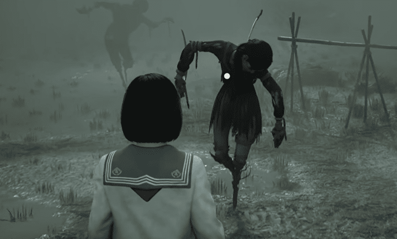 Die Vogelscheuche, die lange von jemandem getäuscht worden ist. Sie hat ein Messer in der Hand und ein Messer im Rücken.