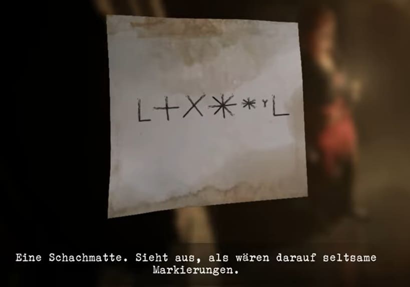 Rückseite der Schachmatte mit Hinweisen für das Kryptex Rätsel in Tormented Souls 2