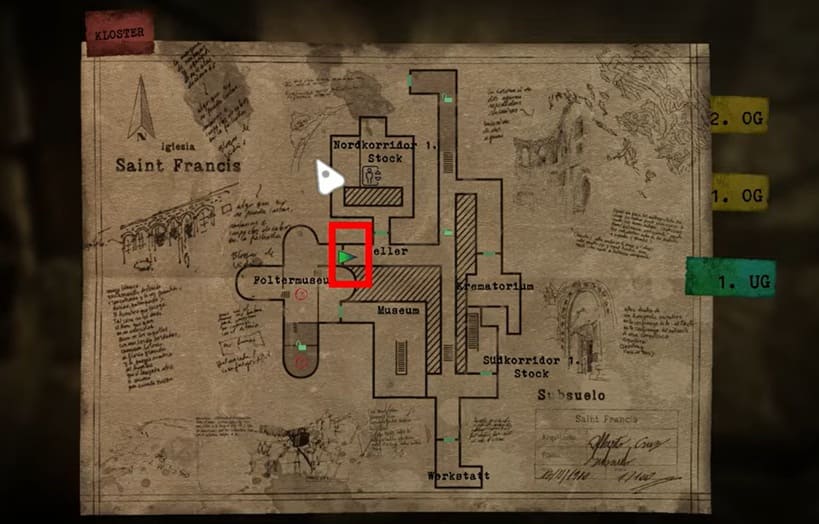 Bild mit einer Karte des Klosters in Tormented Souls 2, die zeigt, wo man die Wählscheibe findet, die benötigt wird, um das Telefon Rätsel lösen zu können